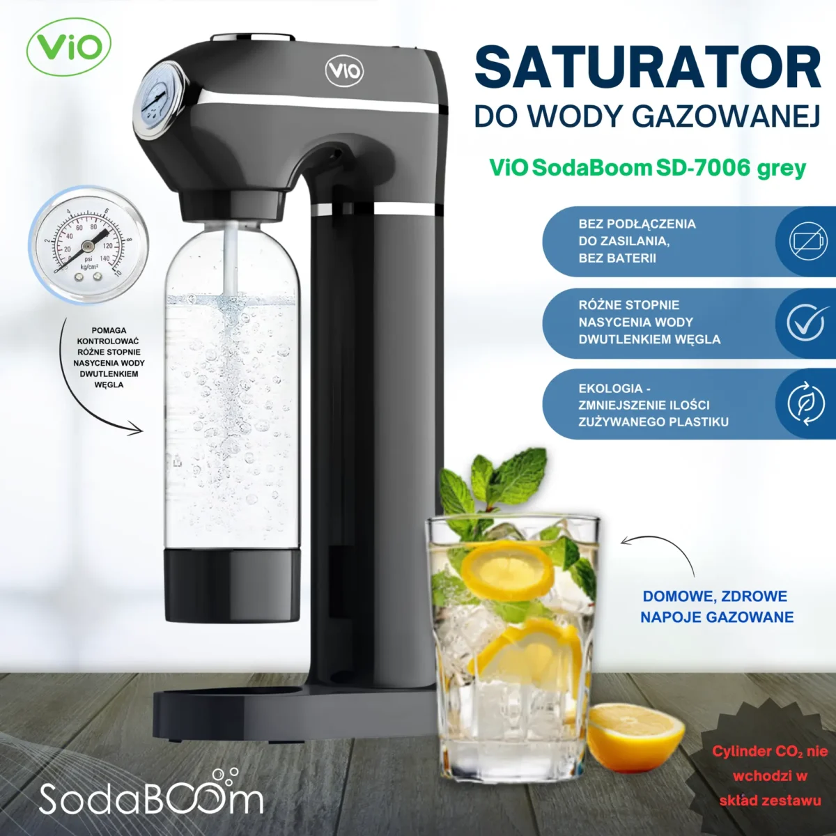 Saturator do wody gazowanej ViO SodaBoom SB-7006 grey z manometrem - Szary - obrazek 1