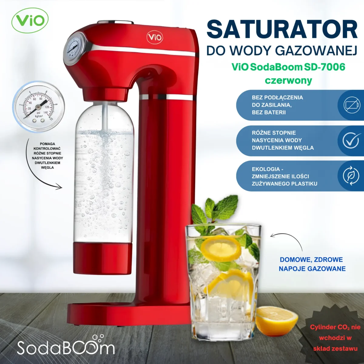 Saturator do wody gazowanej ViO SodaBoom SB-7006 red z manometrem Czerwony - obrazek 1